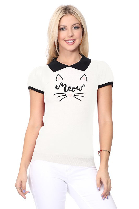 Meow Cat Jacquard Cap Sleeve Pullover Top-