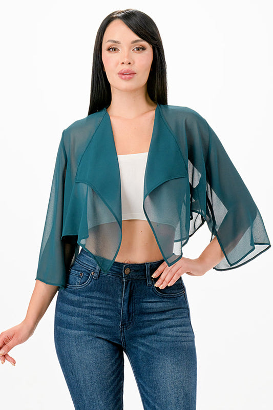 Bolero em Chiffon Transparente com abertura frontal em cascata e mangas amplas na altura do cotovelo com fenda
