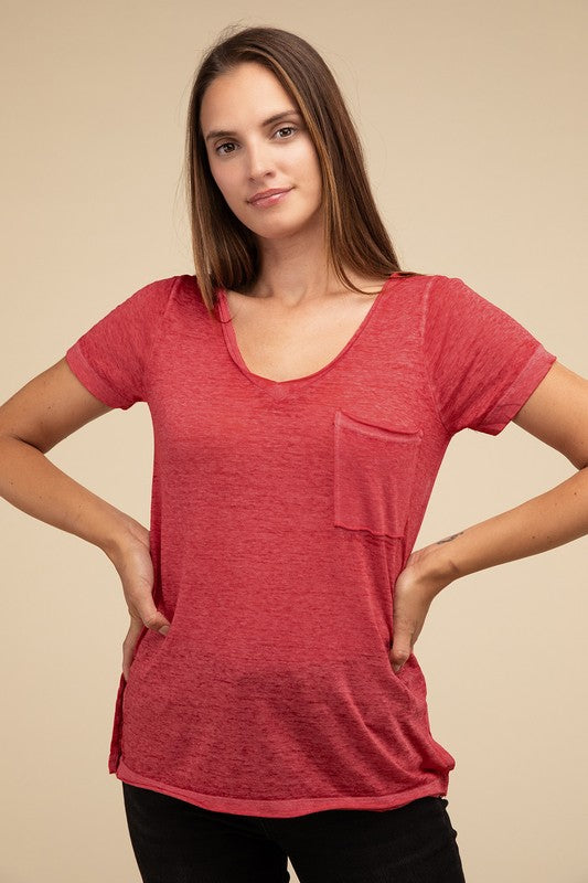 Washed Melange Burnout Scoop V-Neck Top- 7 Colors