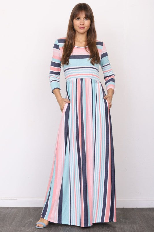 Plus Size Quarter Sleeve Stripe Maxi Dress-2 Colors