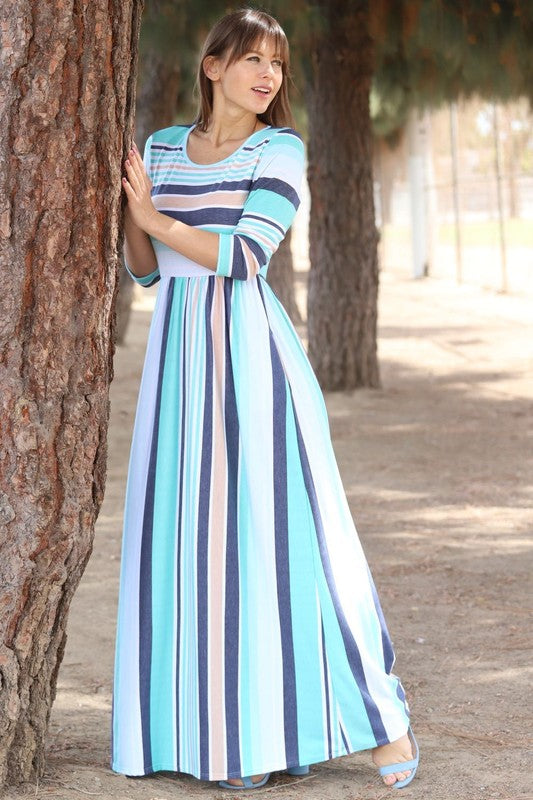 Plus Size Quarter Sleeve Stripe Maxi Dress-2 Colors