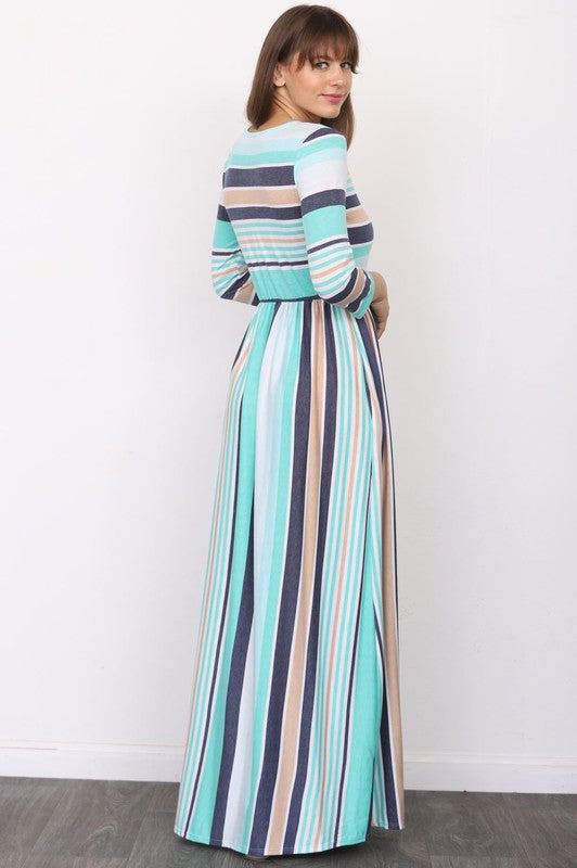 Plus Size Quarter Sleeve Stripe Maxi Dress-2 Colors