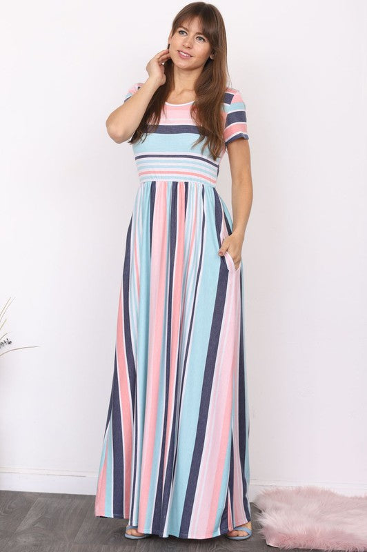 Plus Size Short Sleeve Stripe Maxi Dress-2 colors