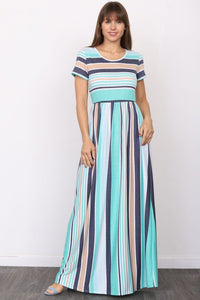 Plus Size Short Sleeve Stripe Maxi Dress-2 colors