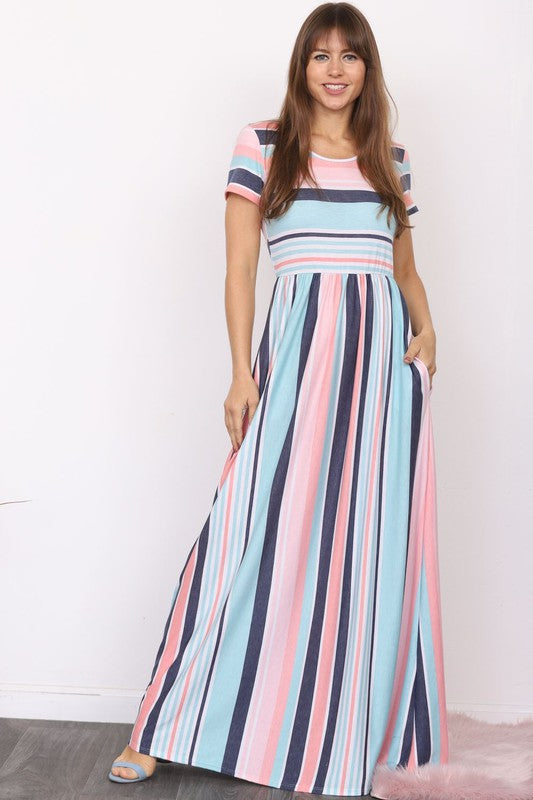 Plus Size Short Sleeve Stripe Maxi Dress-2 colors
