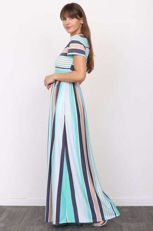 Plus Size Short Sleeve Stripe Maxi Dress-2 colors