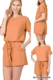 BRUSHED DRAWSTRING ROMPER WITH POCKETS