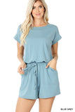 BRUSHED DRAWSTRING ROMPER WITH POCKETS