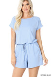 BRUSHED DRAWSTRING ROMPER WITH POCKETS