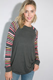 PLUS SIZE MULTI STRIPE PRINT AND SOLID MIXED CASUAL TOP- 2 COLORS