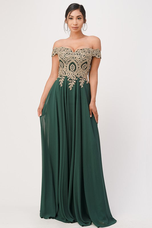 Plus Size Off The Shoulder Chiffon Embellished Gown- 8 Colors