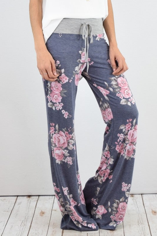 Drawstring Floral Wide Leg Pants-2 Colors