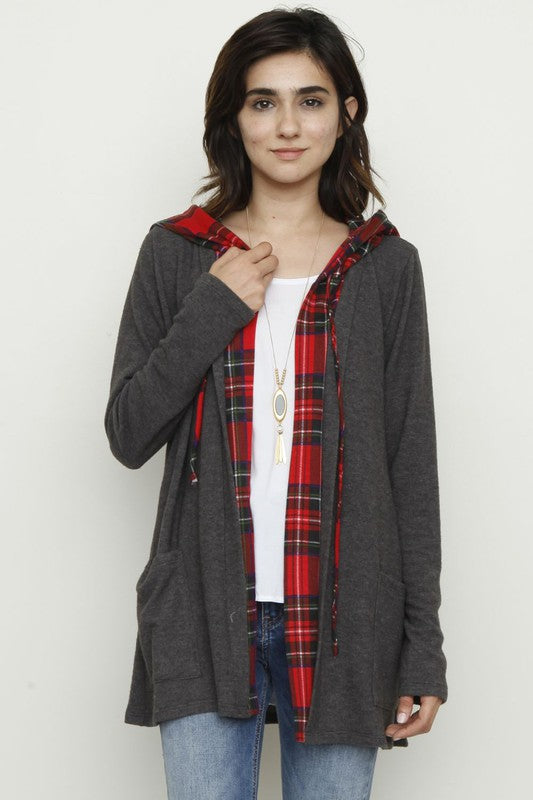 Plus Size Hooded Plaid Trimmed Cardigan