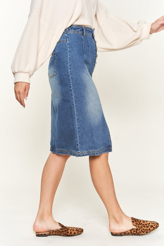 Denim Buttoned Knee Length Skirt