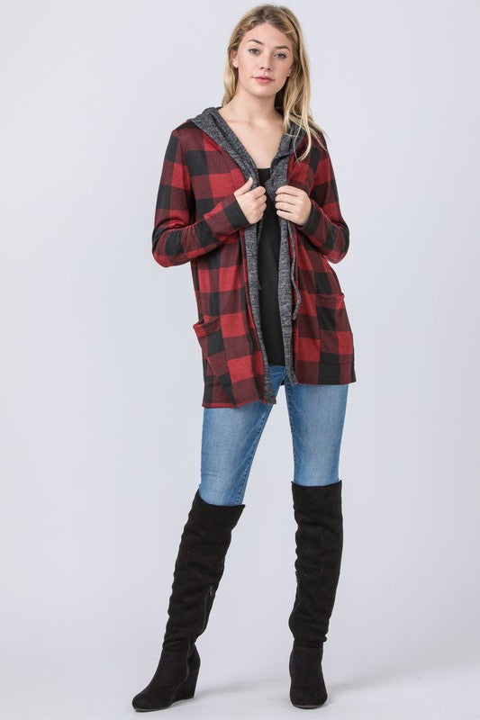 Plus Size Plaid Checker Print Cardigan with Hoodie