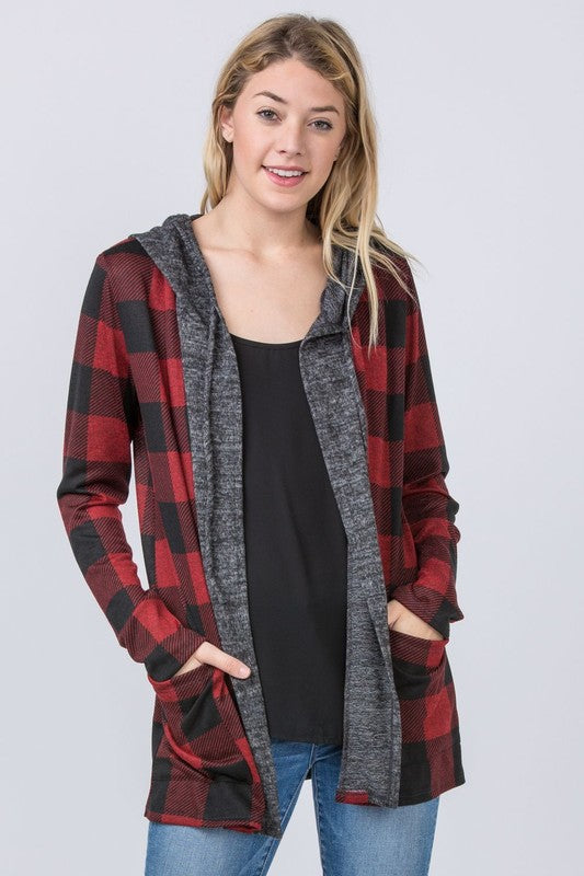 Plus Size Plaid Checker Print Cardigan with Hoodie