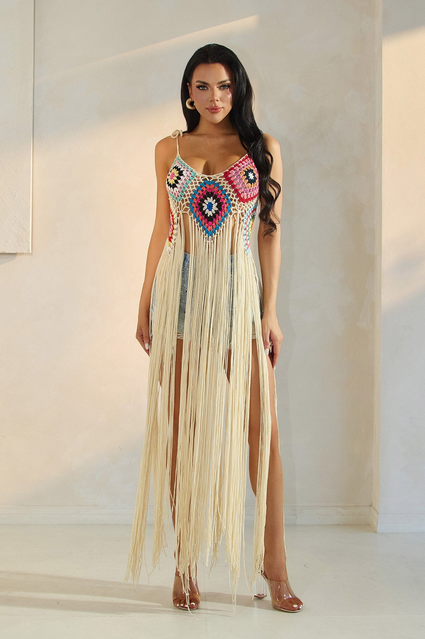 Crochet Patched Long Fringe Top