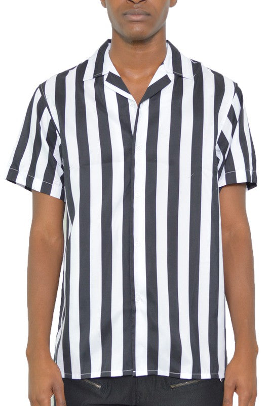 MEN'S SHORT SLEEVE STRIPED BUTTON DOWN PRINT SHIRT