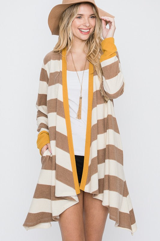 OPEN FRONT STRIPED DRAPED CARDIGAN- 3 COLORS