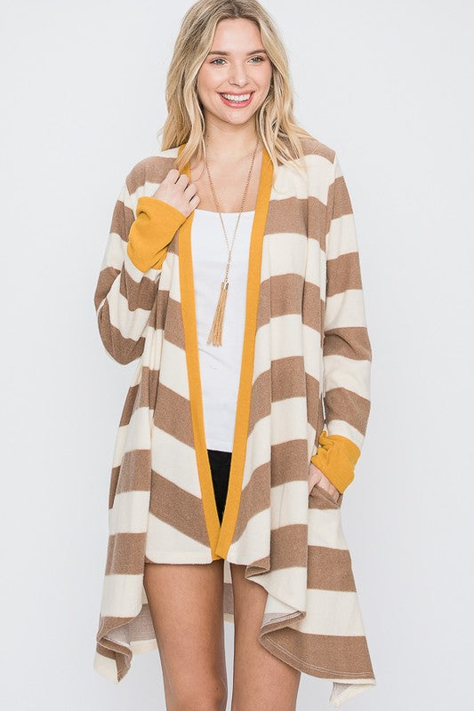 OPEN FRONT STRIPED DRAPED CARDIGAN- 3 COLORS