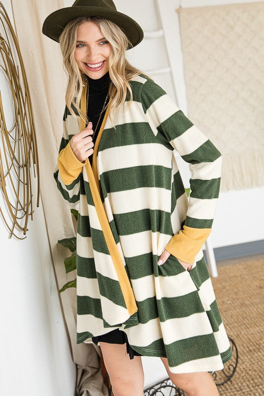 OPEN FRONT STRIPED DRAPED CARDIGAN- 3 COLORS