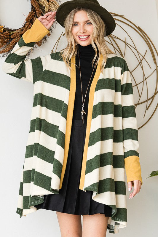 OPEN FRONT STRIPED DRAPED CARDIGAN- 3 COLORS