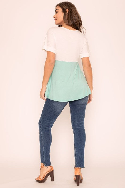 Short Cuff Sleeve Color Block-3 Colors