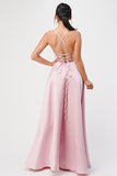 Open Side Back Spaghetti Zig Zag Tie Satin Gown- 10 Colors