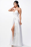 Open Side Back Spaghetti Zig Zag Tie Satin Gown- 10 Colors