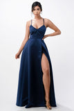 Open Side Back Spaghetti Zig Zag Tie Satin Gown- 10 Colors