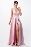 Open Side Back Spaghetti Zig Zag Tie Satin Gown- 10 Colors