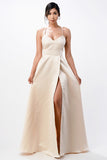 Open Side Back Spaghetti Zig Zag Tie Satin Gown- 10 Colors