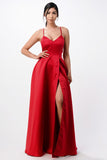 Open Side Back Spaghetti Zig Zag Tie Satin Gown- 10 Colors