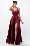 Open Side Back Spaghetti Zig Zag Tie Satin Gown- 10 Colors