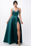 Open Side Back Spaghetti Zig Zag Tie Satin Gown- 10 Colors