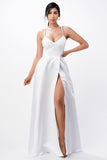 Open Side Back Spaghetti Zig Zag Tie Satin Gown- 10 Colors