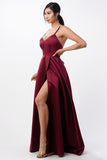 Open Side Back Spaghetti Zig Zag Tie Satin Gown- 10 Colors