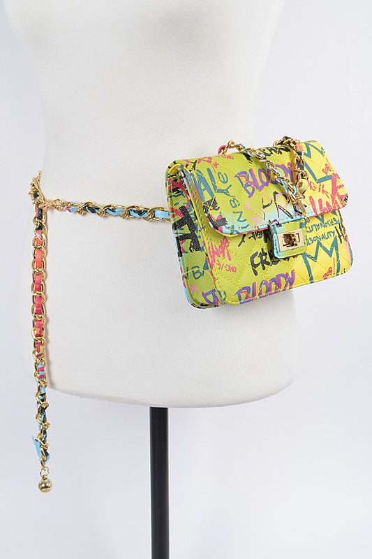Graffiti Quilted Bag W/ Chain Belt- Green