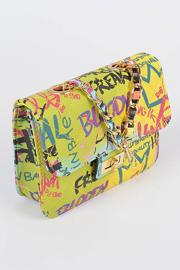 Graffiti Quilted Bag W/ Chain Belt- Green