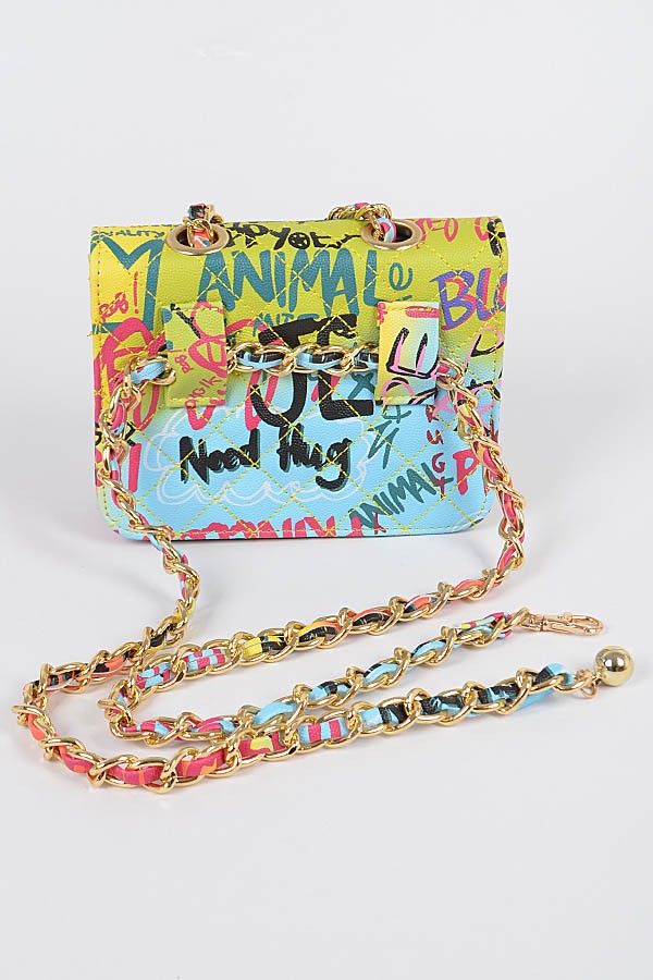 Graffiti Quilted Bag W/ Chain Belt- Green