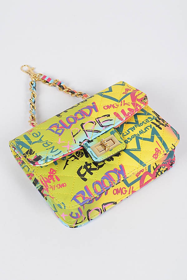 Graffiti Quilted Bag W/ Chain Belt- Green