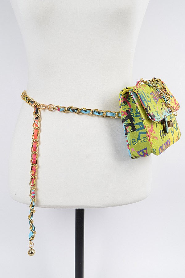 Graffiti Quilted Bag W/ Chain Belt- Green