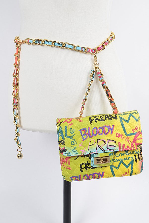 Graffiti Quilted Bag W/ Chain Belt- Green