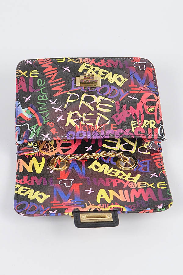 Graffiti Quilted Bag W/ Chain Belt- Black/Multi