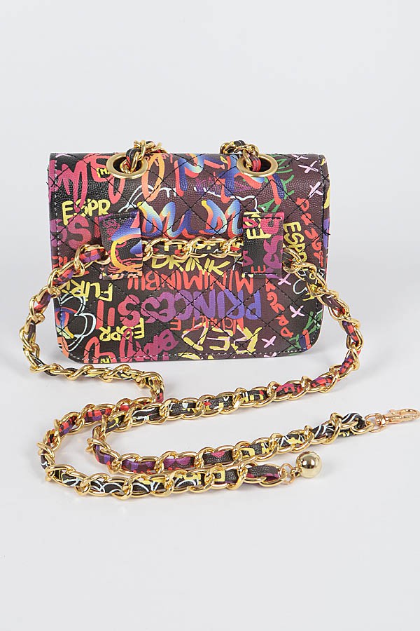 Graffiti Quilted Bag W/ Chain Belt- Black/Multi