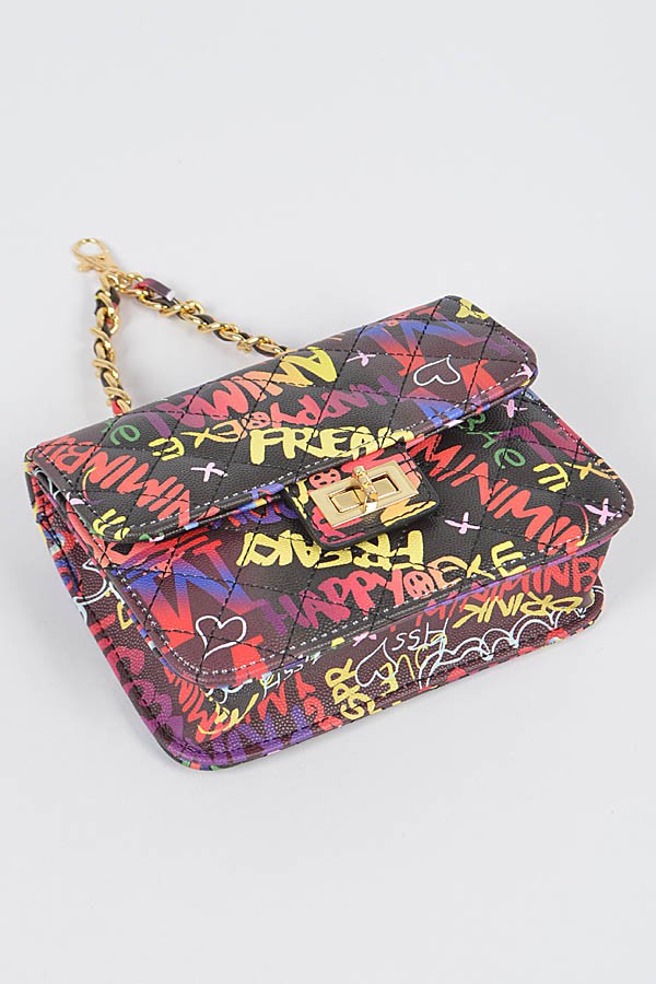 Graffiti Quilted Bag W/ Chain Belt- Black/Multi