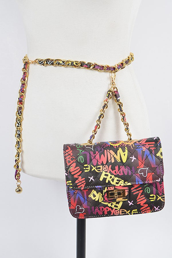 Graffiti Quilted Bag W/ Chain Belt- Black/Multi