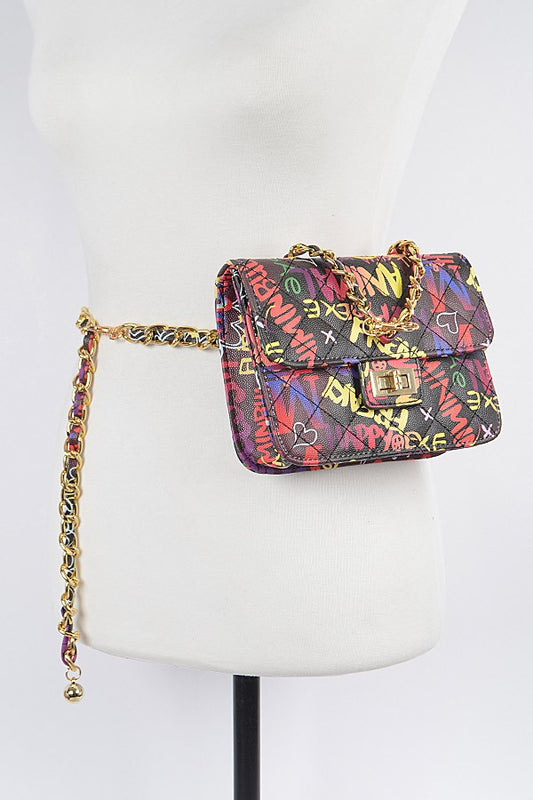 Graffiti Quilted Bag W/ Chain Belt- Black/Multi