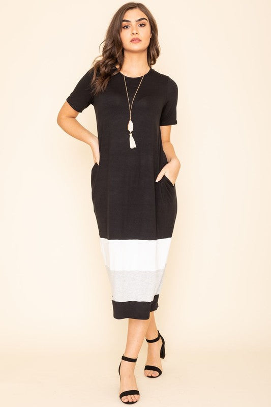 Color Block Calf Length Dress-2 Colors