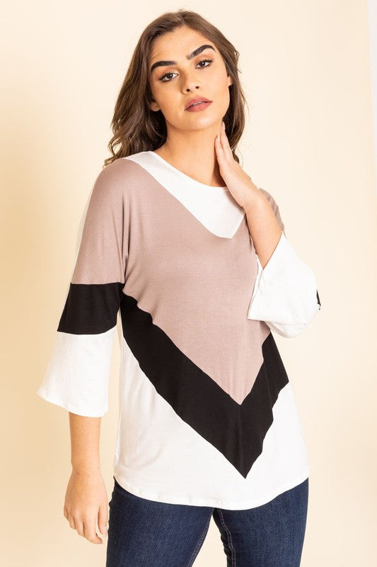 Chevron Bell Sleeve Color Block Top- 2 Colors